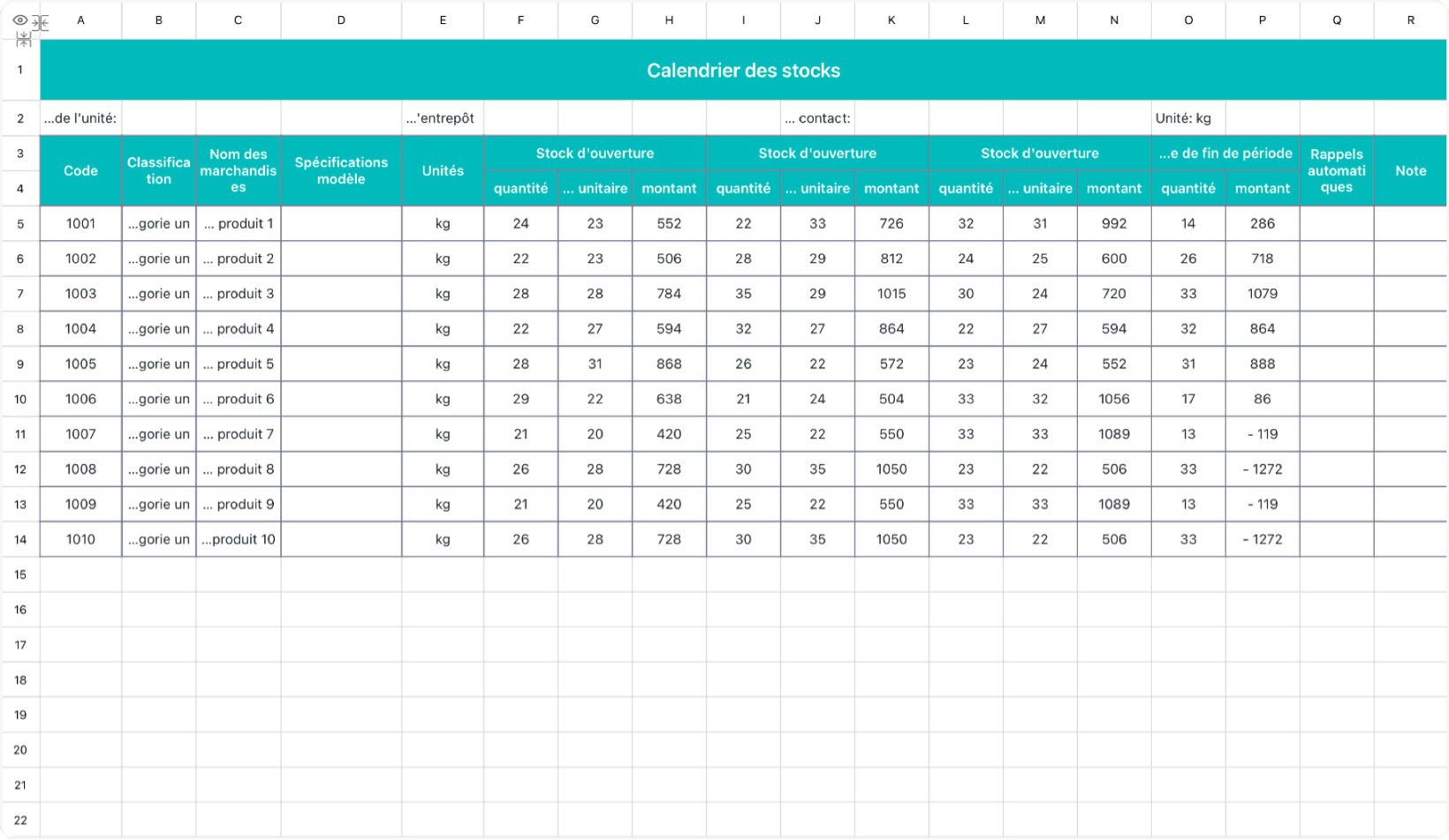 Calendrier des stocks en temps réel